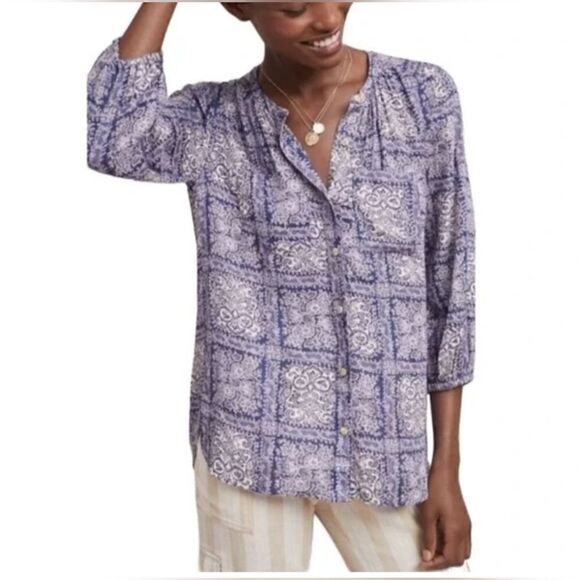 Anthropologie AKEMI + KIN Coconino Printed Buttondown Buttons 3/4 Sleeves - Picture 1 of 10